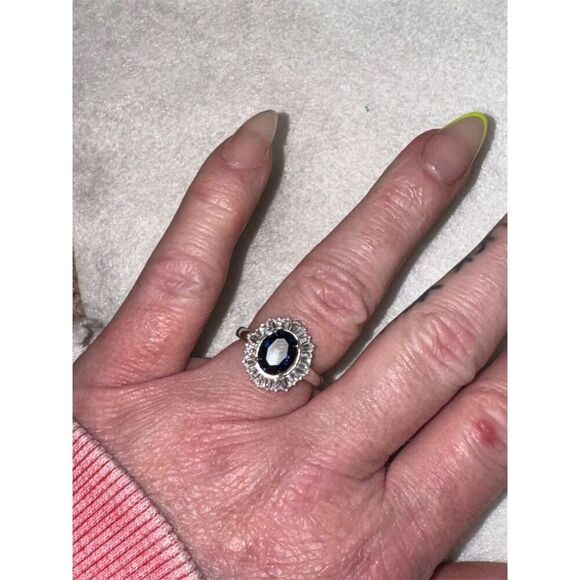 Oval Blue Sapphire Halo Ring  Classic Style Sterling silver size 7 - Picture 7 of 9